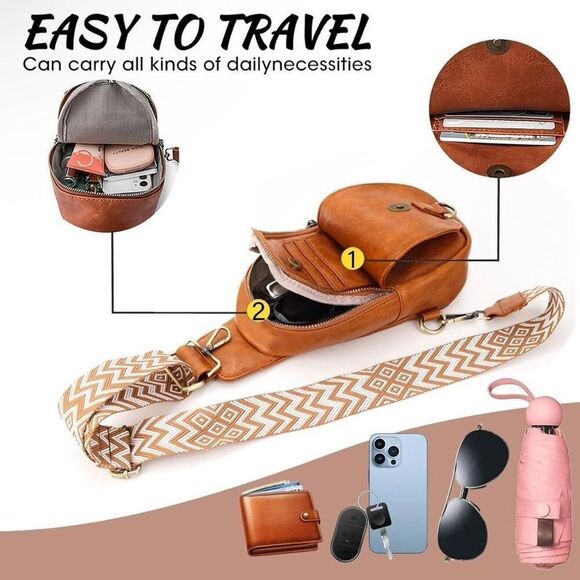 Boho Olive Green Leather Sling Bag Purse With Adjustable Guitar Strap New - Picture 5 of 9